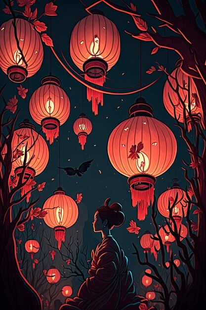 赤いランタンの夜のイラスト 中国の新年