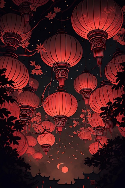 赤いランタンの夜のイラスト 中国の新年