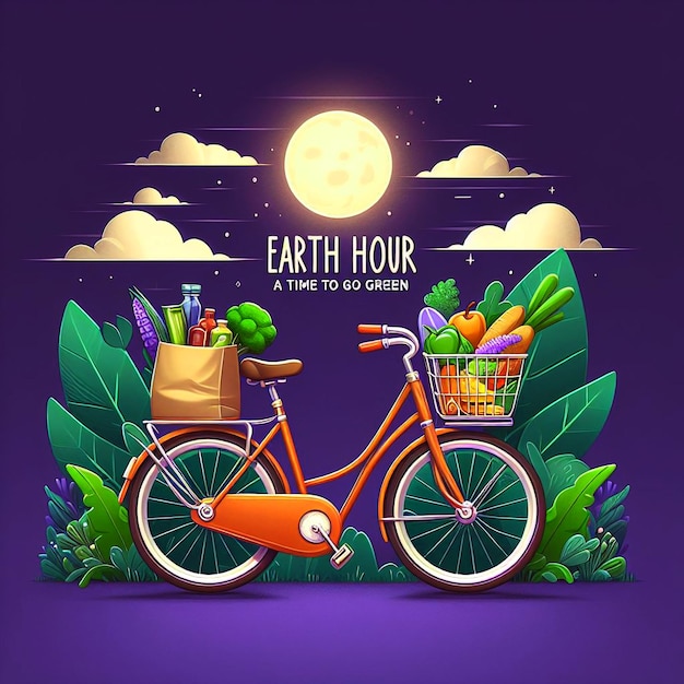 illustrations bicycle with a basket full of groceries Earth hour concept