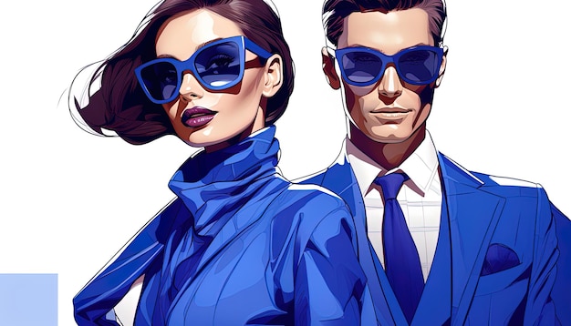 さまざまな革新的なスタイルと印象的な青の色合いを持つキャラクターのイラスト