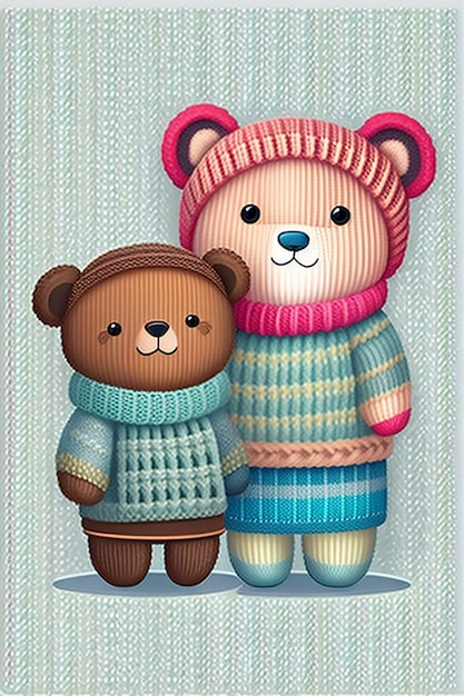 illustrations cute bear couple with knitting