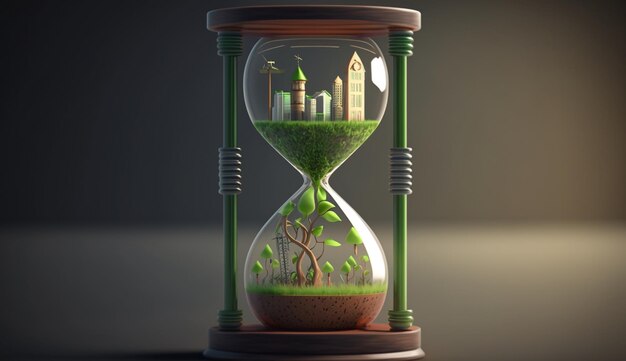 Photo illustrations of hourglass with green eco city renewablegenerative ai
