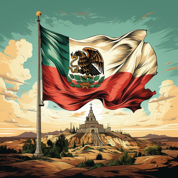 Illustrations and icons of the mexican flag and the celebration of the holiday in the context of mex