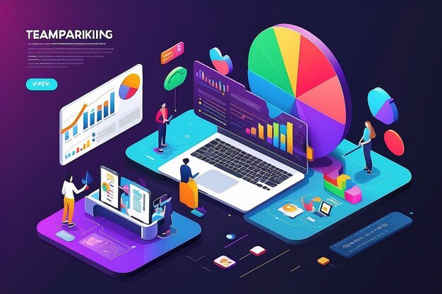 Illustrations isometric business concept teamwork analysis digital marketing graph via computer and small people Vector illustrate