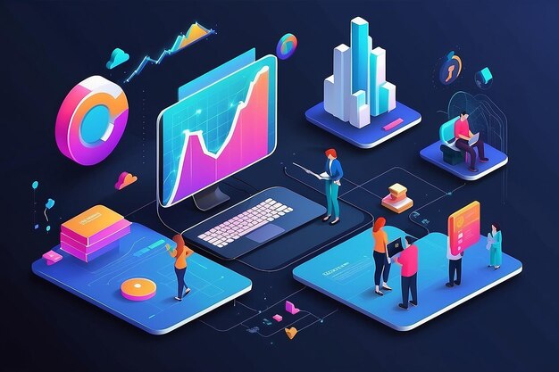 Illustrations isometric business concept teamwork analysis digital marketing graph via computer and small people