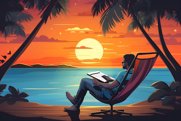 illustrations of Man Working on Laptop at Tropical Beach During Sunset