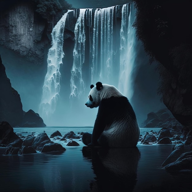 Illustrations Panda silhouette  sitting on the rock in front of the waterfall