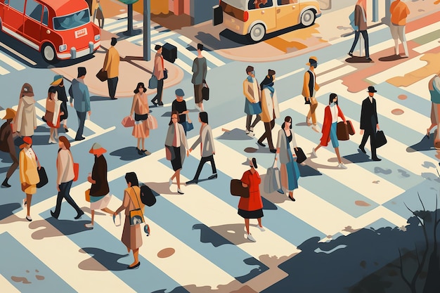 illustrations People cross the road at a pedestrian crossing People are about to cross the street Young people in sketch style