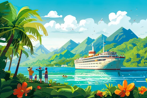 Illustrations of people enjoying cruises in calm waters adventures in the tropics