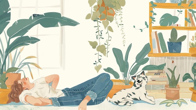 Photo illustrations of a relaxing person lying on the floor with indoor plants cozy home library and book