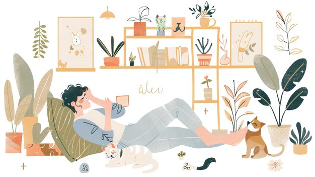 Photo illustrations of a relaxing person lying on the floor with indoor plants cozy home library and book
