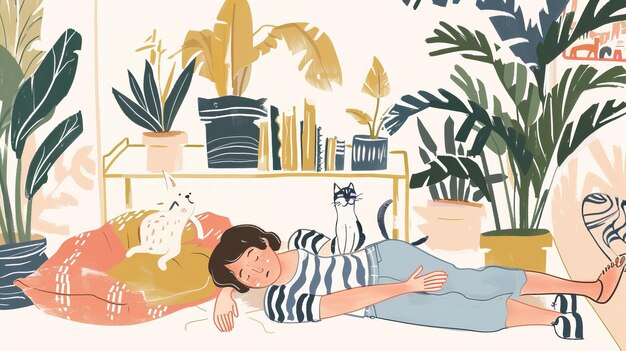 Photo illustrations of a relaxing person lying on the floor with indoor plants cozy home library and book