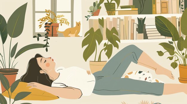 Photo illustrations of a relaxing person lying on the floor with indoor plants cozy home library and book