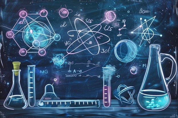 Photo illustrations of scientific formulas on a chalkboard