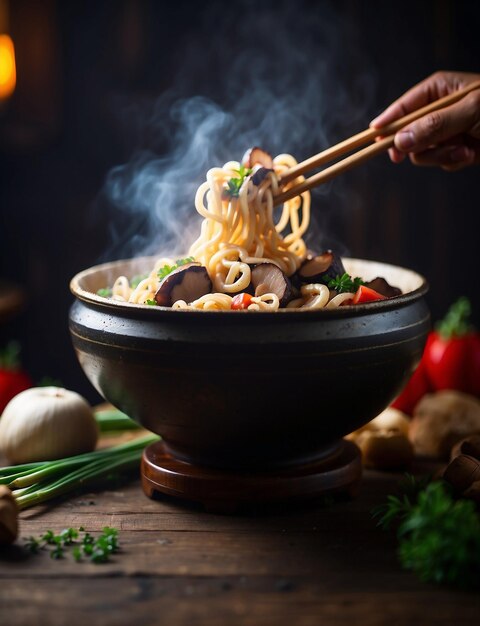 Foto illustrazioni di noodle ramen tradizionali coperti di carne e verdure su sfondo nero