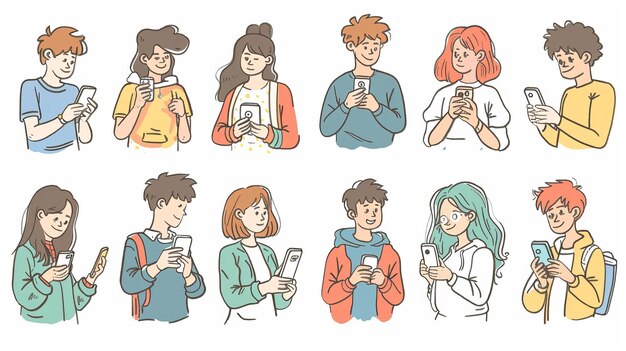Photo illustrations of various people using mobile phones in handdrawn style