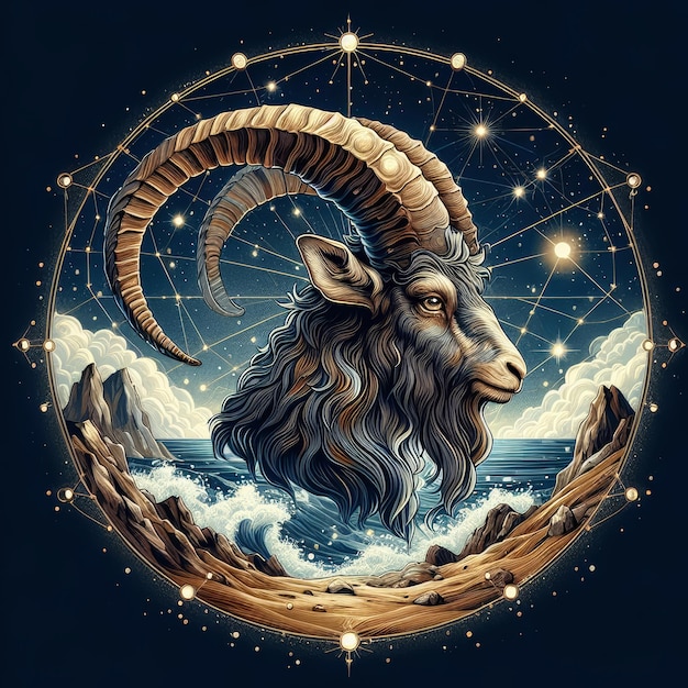 Фото Иллюстрации зодиакального знака козерога и звездного неба
