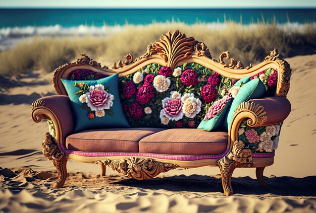 an illustrationsofa with floral decorationin the beach generated by AI