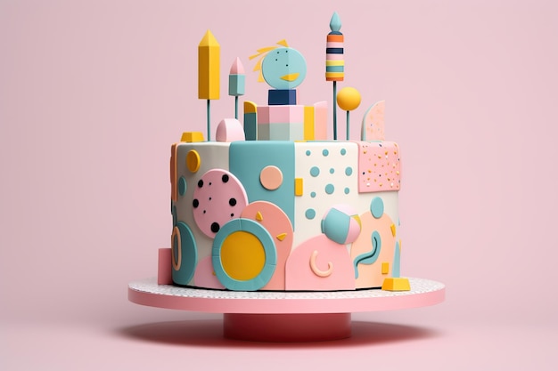 Illustrative of birthday cake in pastel colors on pink background Generative AI