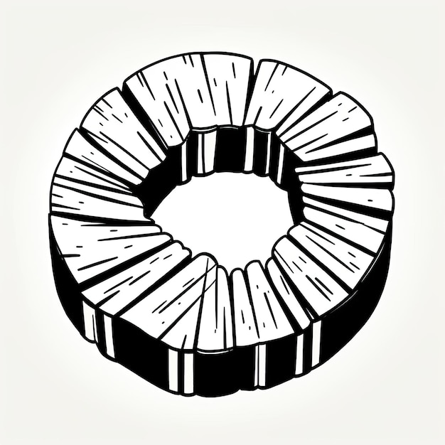 illustrative black and white cartoon illustration of a donut slice in the shape of a circle