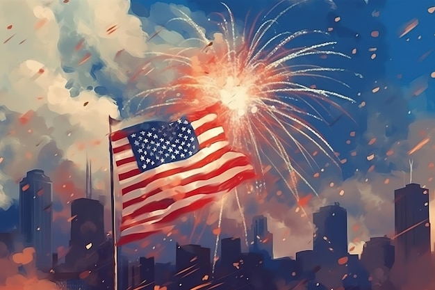Иллюстрация нарисованного американского флага, развевающегося на ветру с фейерверком в городе Генеративный ИИ