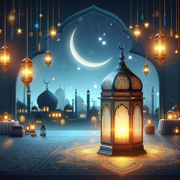 Illustrative images of the Quran and lanterns AI generation
