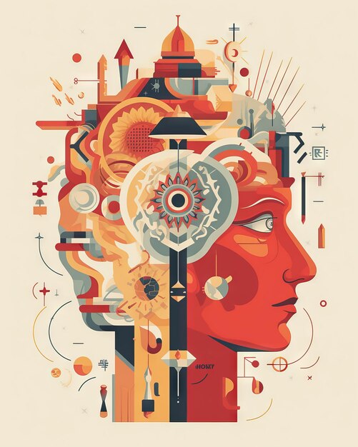 상호 연결된 물체와 아이디어의 복잡한 네트워크를 가진 사람의 머리의 일러스트레이티브 측면 이미지