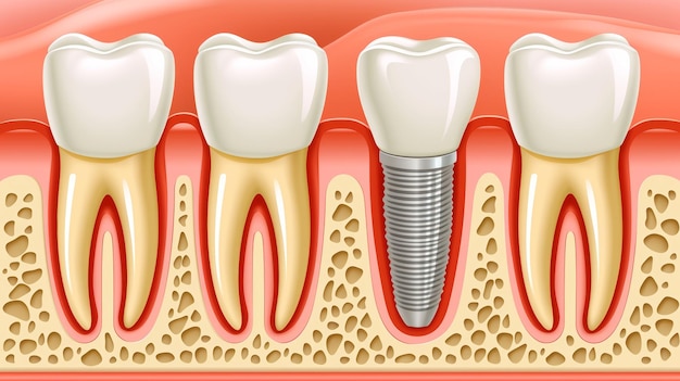 写真 説明テキストに十分なスペースを備えたイラスト的な歯インプラントの利点の比較チャート