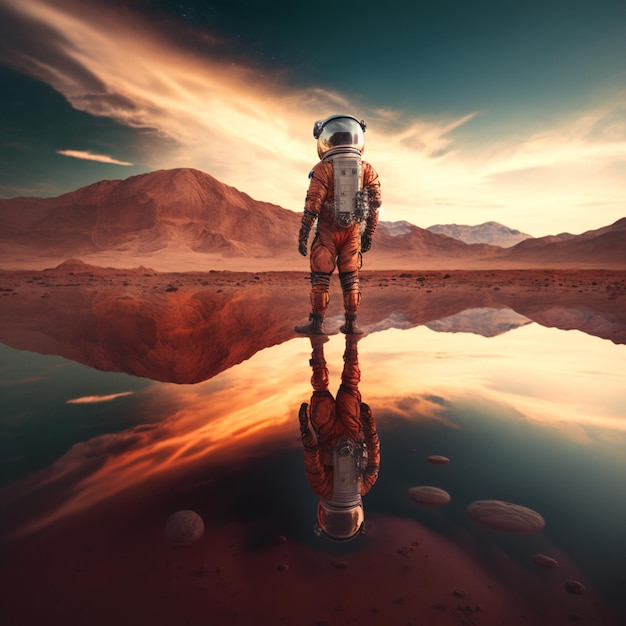 illustrator van een astronaut in pak die op de rode aarde van mars staat