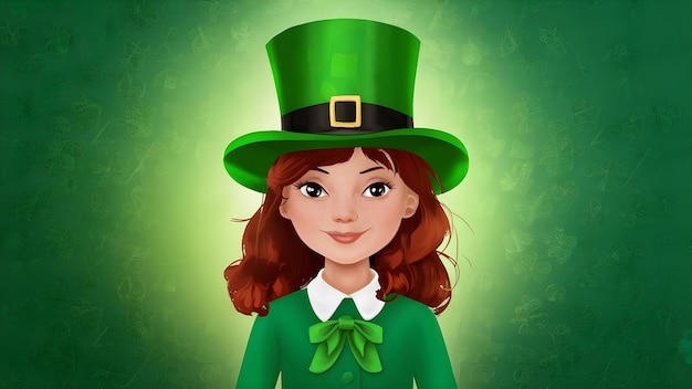 Illustreer een meisje dat een groene hoed draagt voor St Patrick's Day Concept ik kan deze illustratie aan u beschrijven Wil je dat ik dat doe