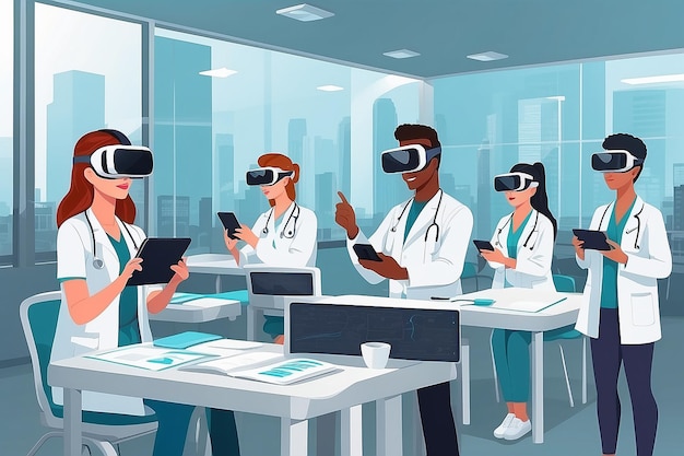 Illustreren van een flatstyle scène van studenten met behulp van virtual reality simulaties voor medische training vector illustratie in flatstyle