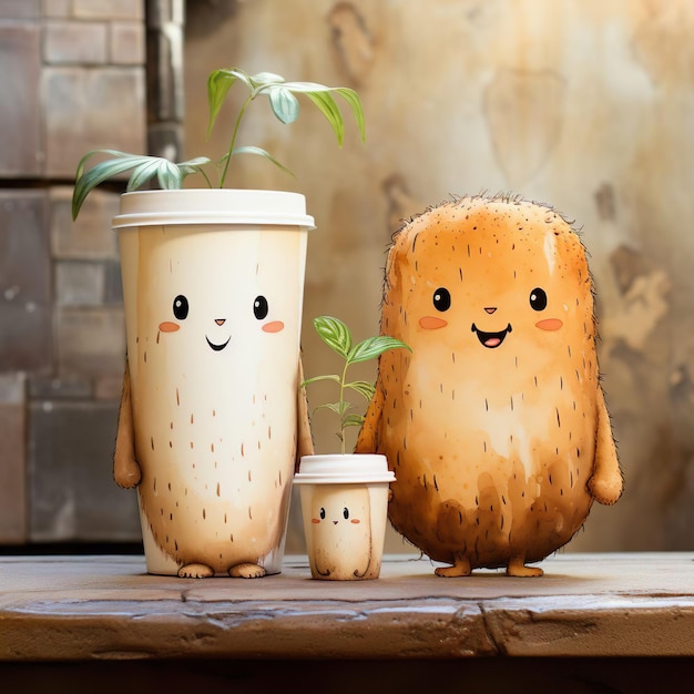 illutration of cute kawai coffee cups collection generative ai