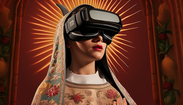 Ilustracin de virgen de guadalupe anciana usando un visor de realidad virtual