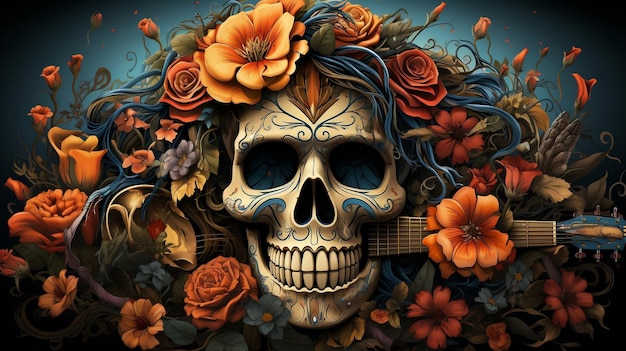 Ilustracion 3d de un craneo de catrina fusionado con un floral y una guitarra