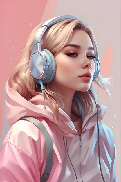 Ilustracion chica con auriculares en colores pastel escuchando musica de ritmos calmados