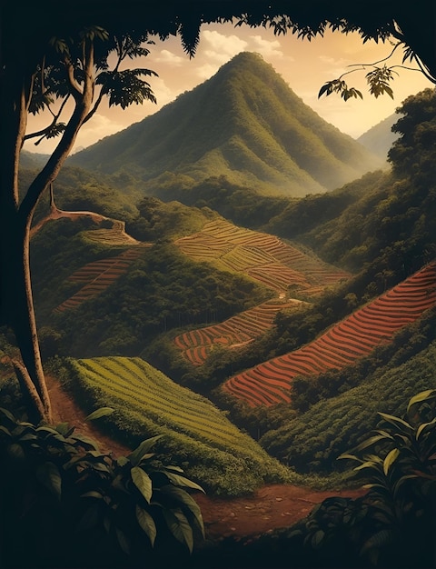 Ilustracion de Paisaje con cultivos de cafe