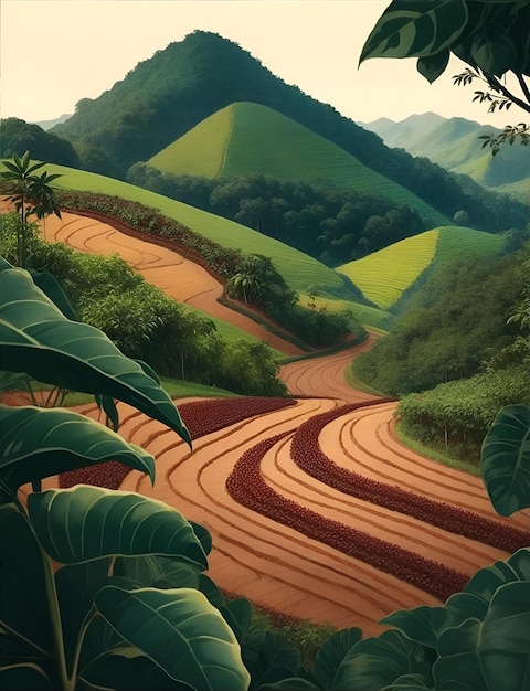 Ilustracion de Paisaje con cultivos de cafe