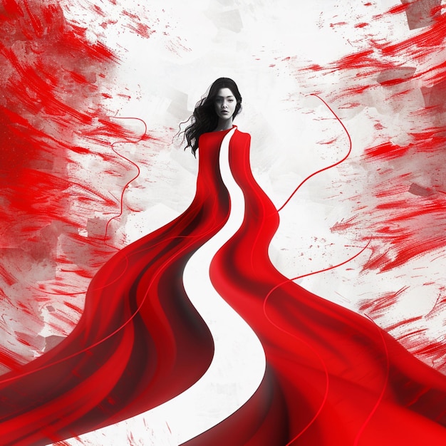 Photo ilustracion de una mujer vestida con un vestido rojo y una falda larga y fluida