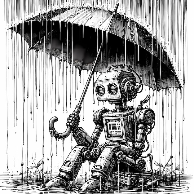 Ilustracion robot bajo la lluvia art