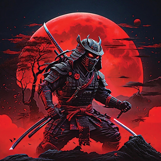 Photo ilustraction of ninja samurai with neon red and moon for backround