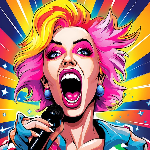 Foto illustration art pop art style vibrant and bold funny pop star caricature car creative cute anime