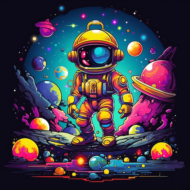 Ilustration Art Retro Futuristic Style Neon Colors Funny Space Explorer Cart creative cute anime