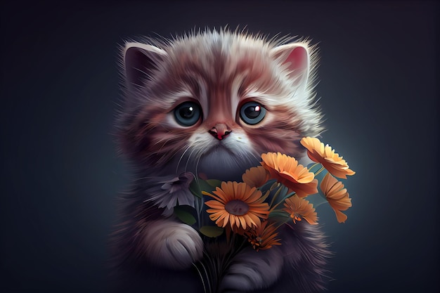 Ilustration cat with sad eyes and a bouquet of flowers isolated on dark background generative ai