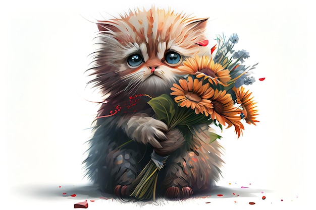 Ilustration cat with sad eyes and a bouquet of flowers isolated on white background generative ai
