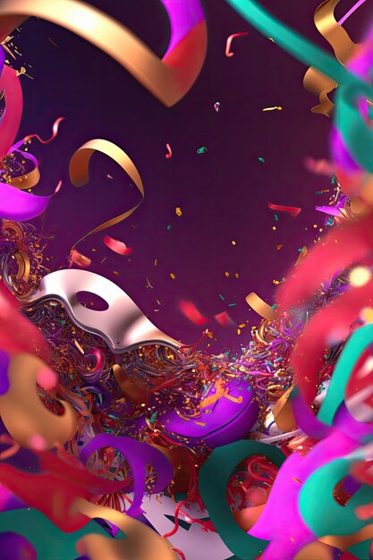 Photo ilustration concept carnival abstract background party with mask confetti serpentine generative ai