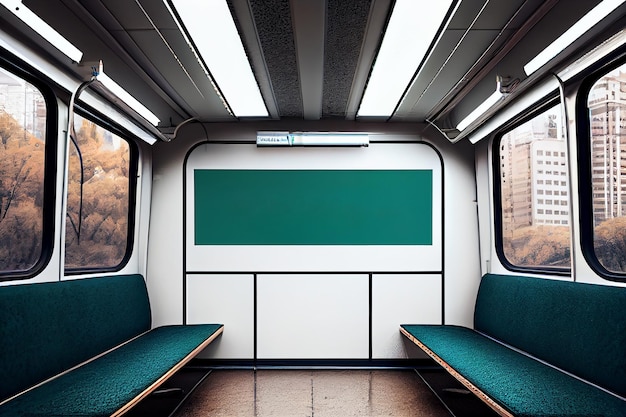 Ilustration Interior of modern subway train with blank information billboard Generative AI