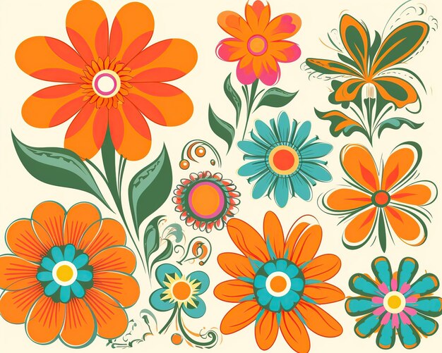 Ilustration of retro flowers hippie style generative ai