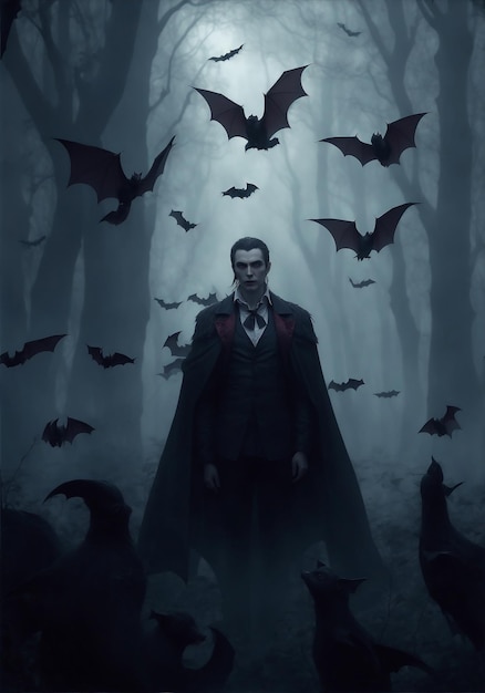 Иллюстрация вампира, стоящего в туманном лесу