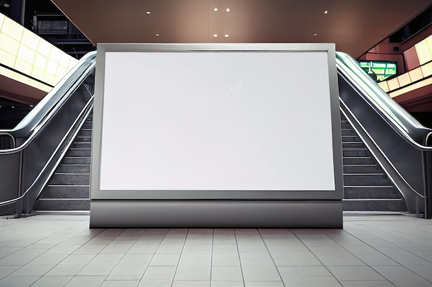 Ilustration White billboard mockup in de buurt van roltrap in een winkelcentrum Generative AI