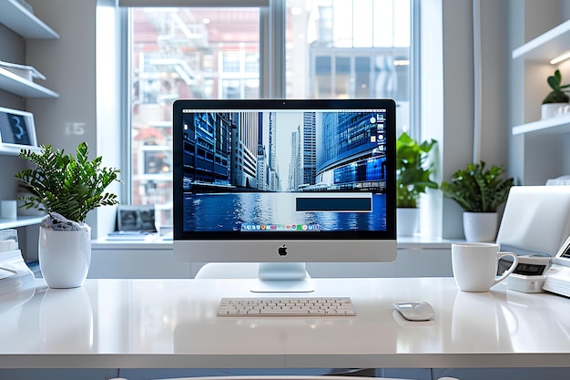 モニター付きの机上の Imac デスクトップ